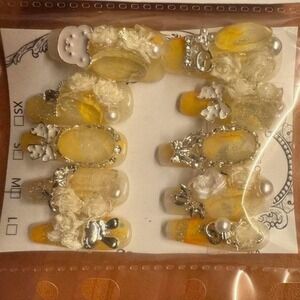Press On‎ Nails Yellow Floral Pearl Embellished Charm Accent Full Cover